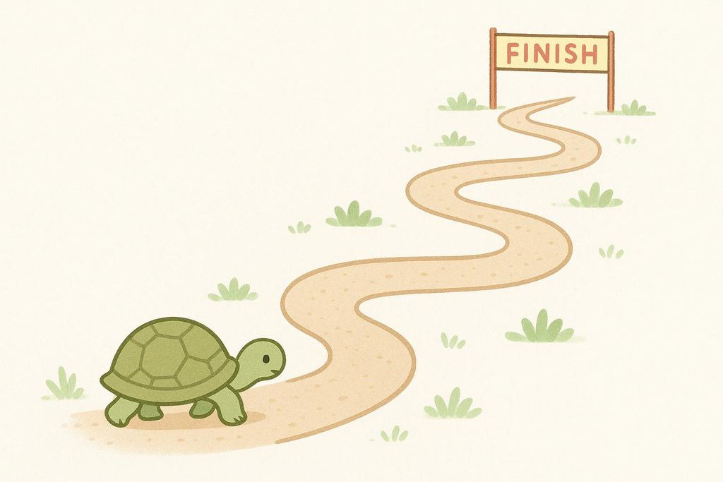 An illustration of a small, green tortoise at the beginning of a long, winding path. In the distance, a finish line banner with the word 'FINISH' is visible. Small tufts of grass dot the light background.