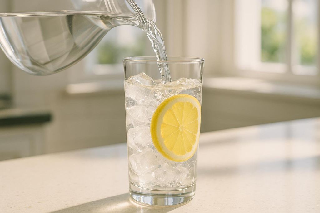 Water being poured from a clear pitcher into a glass filled with ice and a lemon slice. The glass sits on a bright counter in a sunlit room.