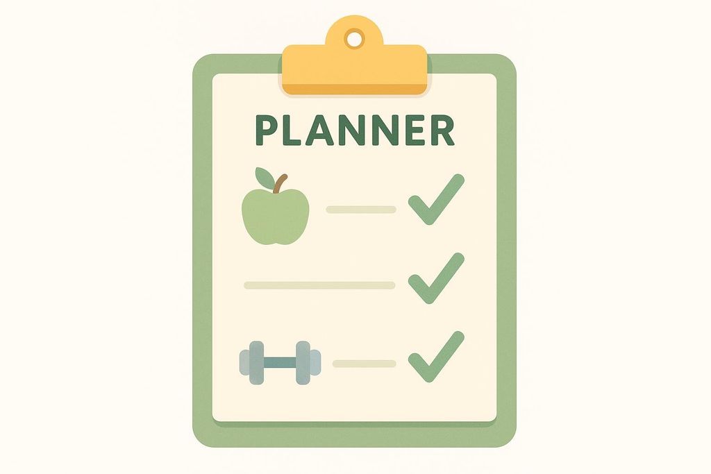 An illustration of a clipboard with the word 'PLANNER' at the top. Below are three items with checkmarks: a green apple, two blank lines, and a gray dumbbell, representing health and fitness goals.