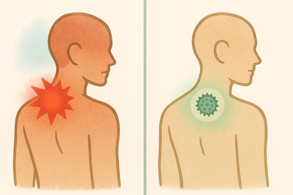 A before-and-after illustration showing a massage ball providing relief to a painful muscle trigger point on the upper back. The left image shows a red burst on the neck/shoulder area indicating pain, while the right image shows a massage ball symbol on the same area with a calm green glow, indicating relief.