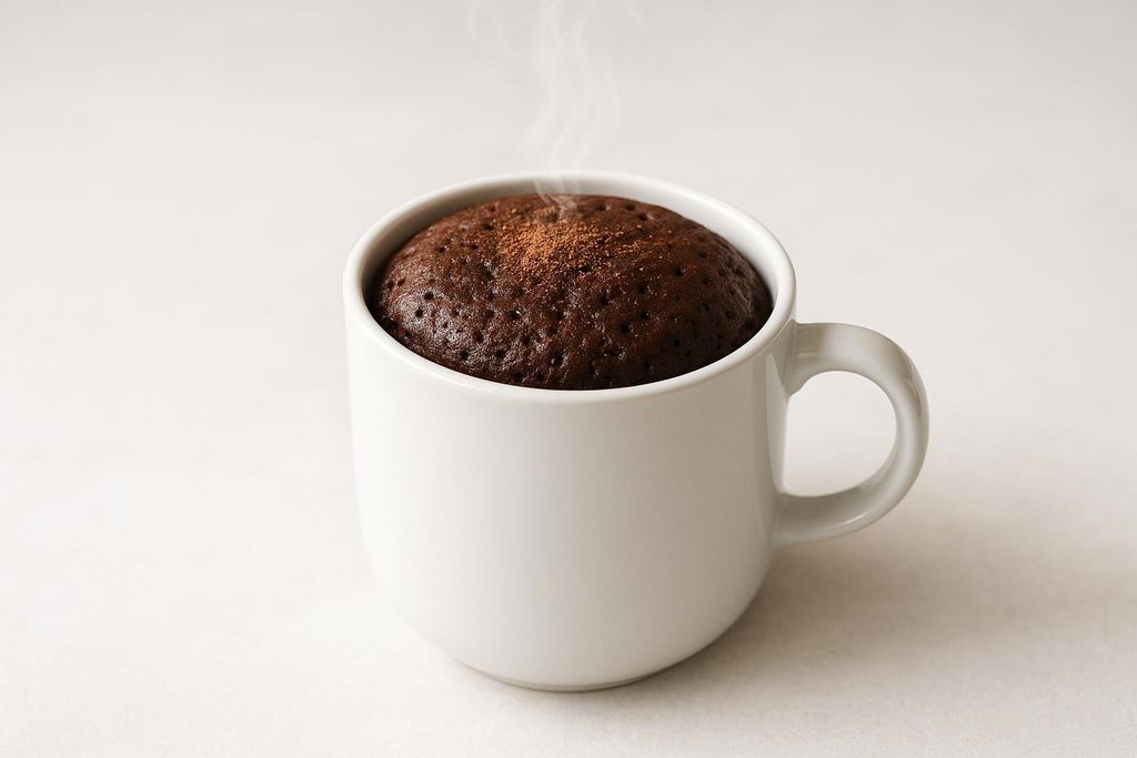 A freshly microwaved keto chocolate mug cake made with allulose, steaming in a white ceramic mug, with a dusting of cocoa powder on top.