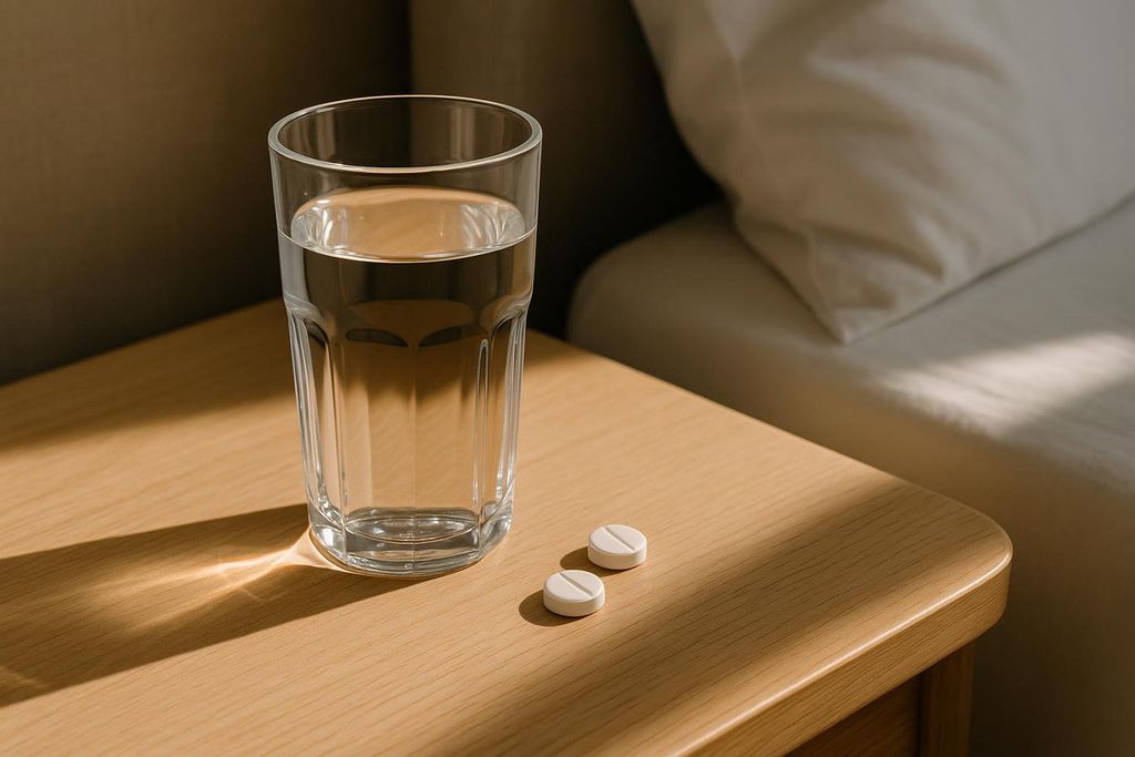 A close-up shot of a glass of fresh water and two white round pain relief tablets on a light wooden nightstand next to a bed with a white pillow and sheets.