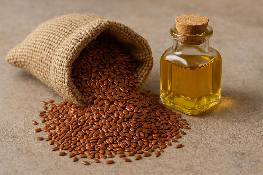 Flaxseeds spilling out of a burlap sack next to a small bottle of golden flaxseed oil with a cork stopper.