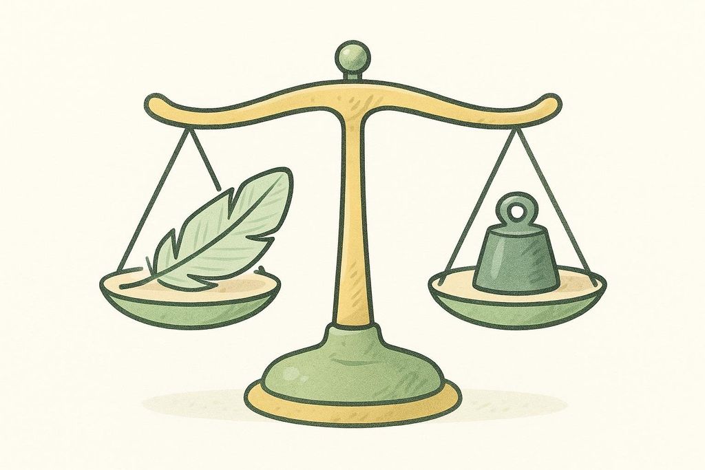 A stylized illustration of a balance scale. On the left side is a light green feather, and on the right side is a heavier green weight, causing that side of the scale to dip lower.