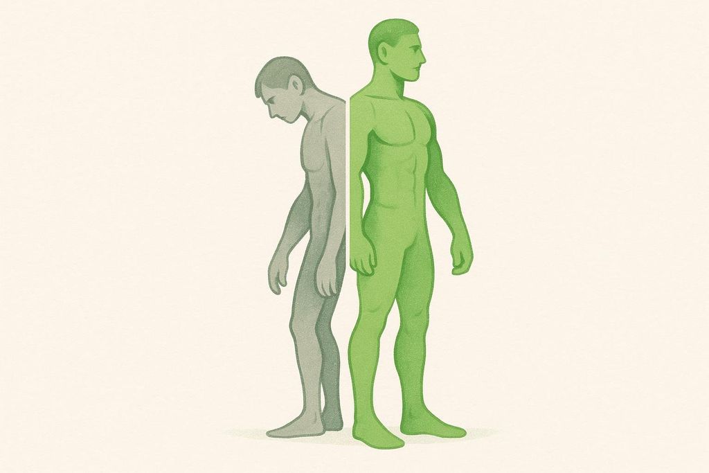 An illustration comparing a balanced, upright human physique (green) with an imbalanced, slouched one (grey), highlighting the importance of training all muscle groups for good posture and health.