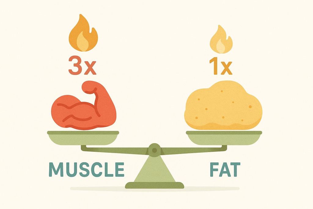 An illustration depicting a scale, with a muscle icon on the left side and a fat icon on the right. Above the muscle icon is a flame with '3x' signifying 3 times the calorie burn, and above the fat icon is a flame with '1x' signifying 1 times the calorie burn. The words 'MUSCLE' and 'FAT' are written below their respective icons, representing the metabolic difference between muscle and fat tissue.
