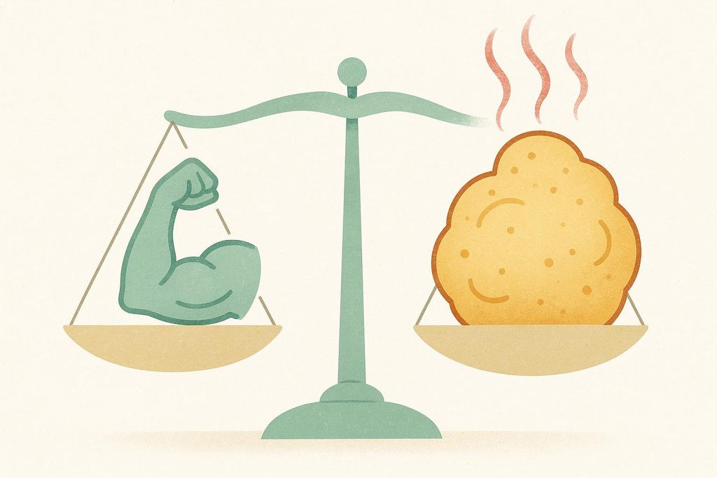 An illustration of a scale tipping towards a fat cell icon over a muscle icon, symbolizing how excess visceral fat contributes to muscle loss.