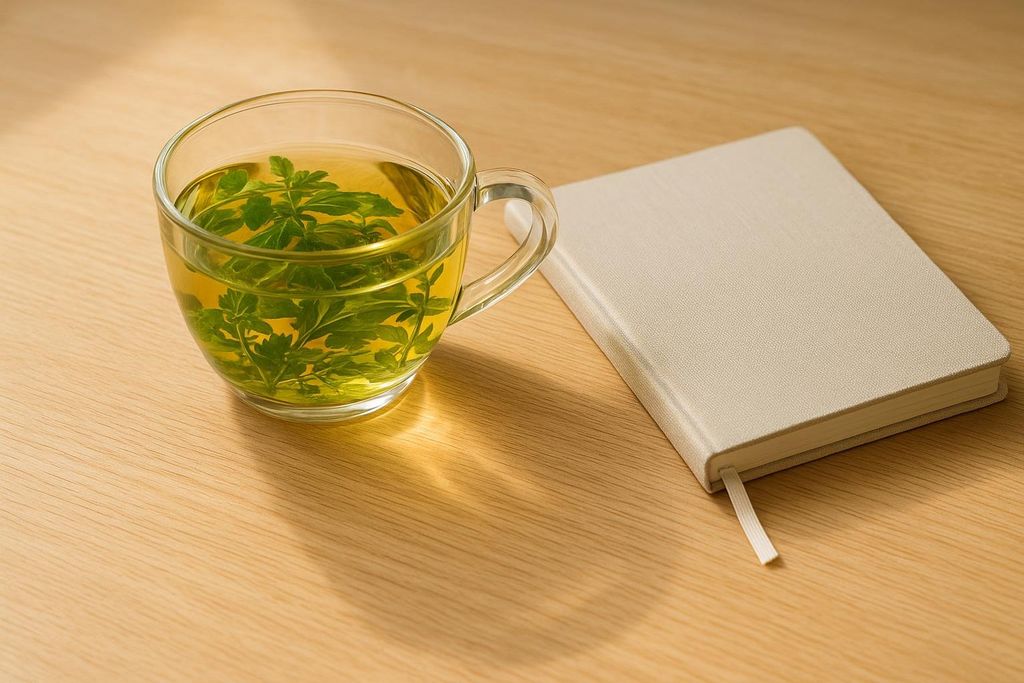 A clear glass mug filled with green herbal tea sits next to a light beige notebook with a white bookmark ribbon on a light wooden desk. Sunlight casts soft shadows across the surface.