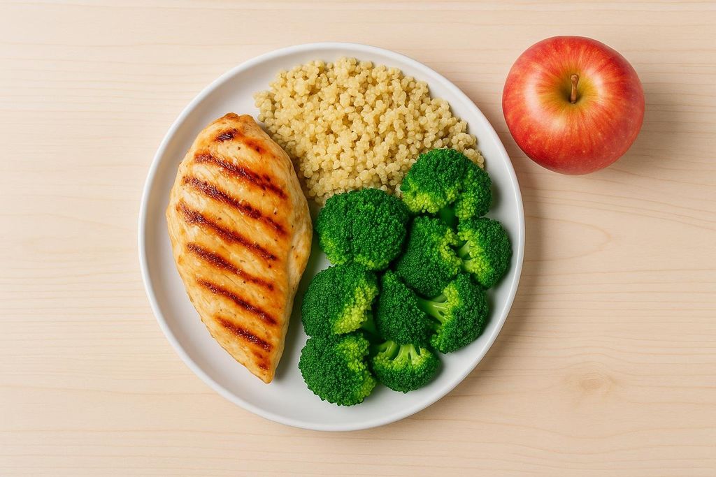A healthy meal laid out for a runner, consisting of a grilled chicken breast, quinoa, steamed broccoli, and a red apple, all on a light wooden background.