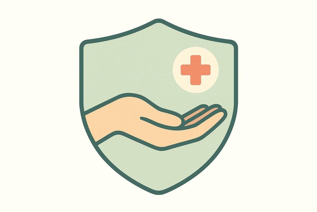 An illustration of a light green shield with a light peach hand inside, and a red cross in a circle above the hand. This symbolizes medical care, protection, and awareness.