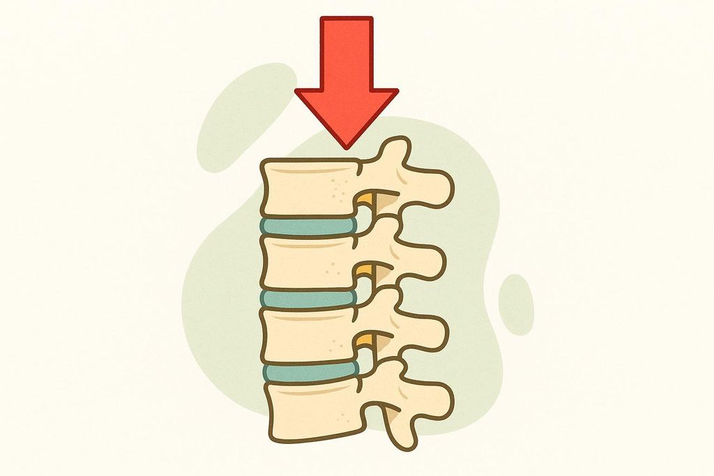 Abstract illustration of a spine with a large red arrow pointing downwards, indicating compression and a downward force on the spinal column.