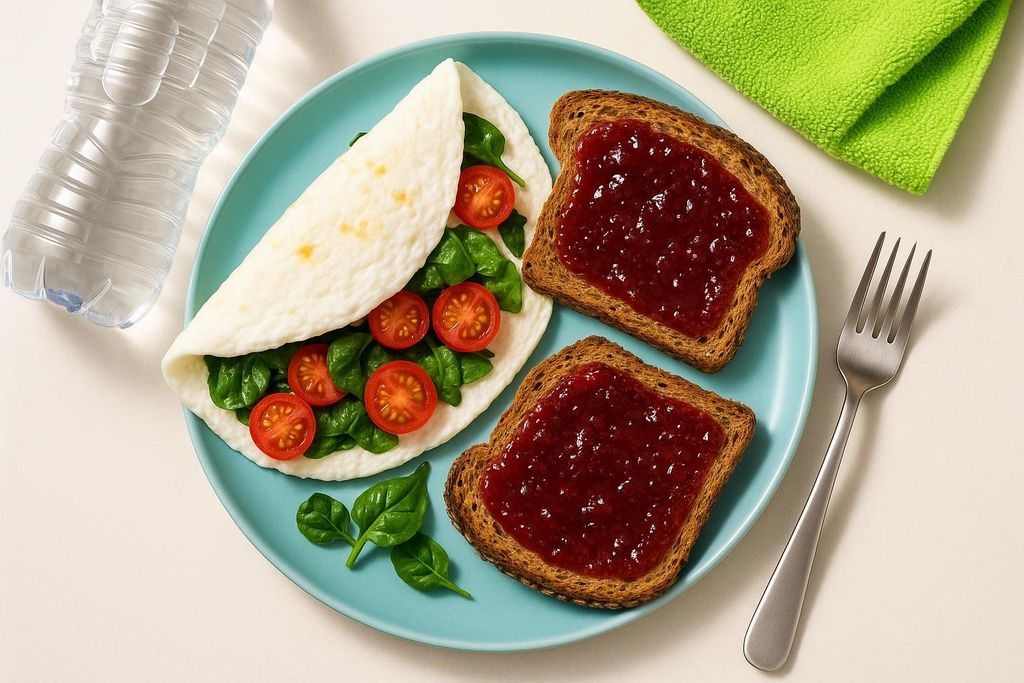 A nutritious post-workout meal on a blue plate, featuring an egg white omelet filled with spinach and cherry tomatoes, two slices of whole wheat toast with jam, a bottle of water, and a fork, against a light background with a green towel.