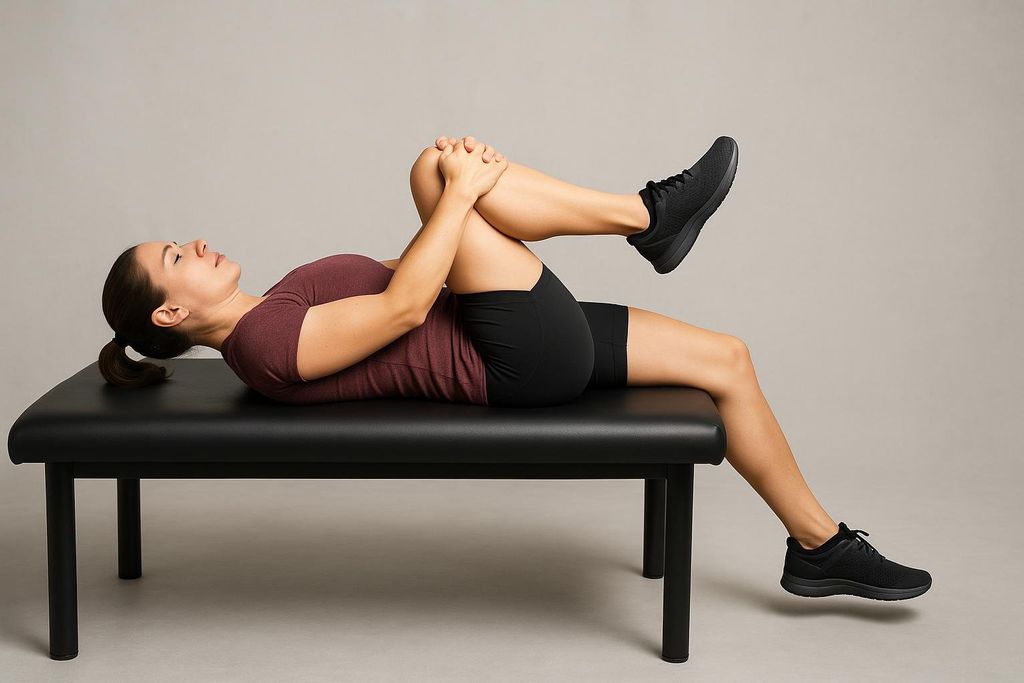 A woman lies on her back on a black examination bench, performing the Thomas Test. She hugs one knee to her chest with both hands, while the other leg extends off the end of the bench with her foot hovering above the floor.