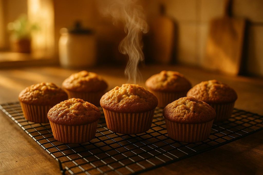 Close-up of several freshly baked muffins cooling on a black wire rack. Steam rises from the center muffin, indicating its warmth. The background is a softly lit kitchen with a blurred plant and containers.
