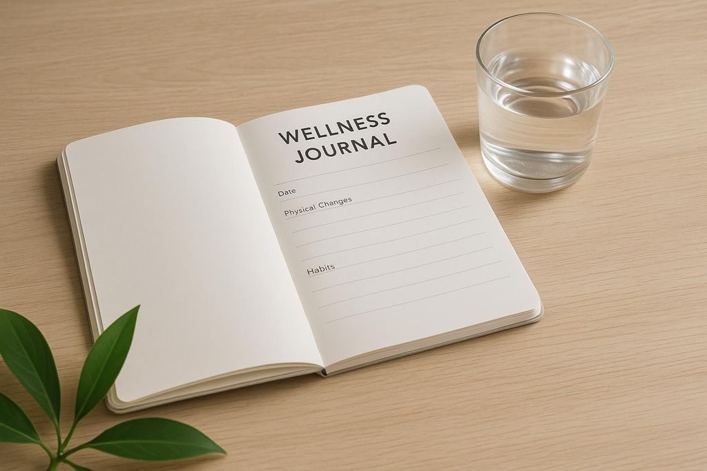 An open wellness journal with blank lines for Date, Physical Changes, and Habits. Beside it, a glass of water sits on a light wood table, with a green plant leaf visible in the bottom left corner.