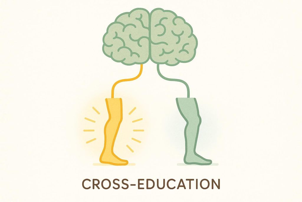 A diagram illustrating cross-education, with a brain at the top connected by yellow nerve fibers to an emphasized, glowing yellow leg, and by green nerve fibers to a resting green leg. The text at the bottom reads "CROSS-EDUCATION."