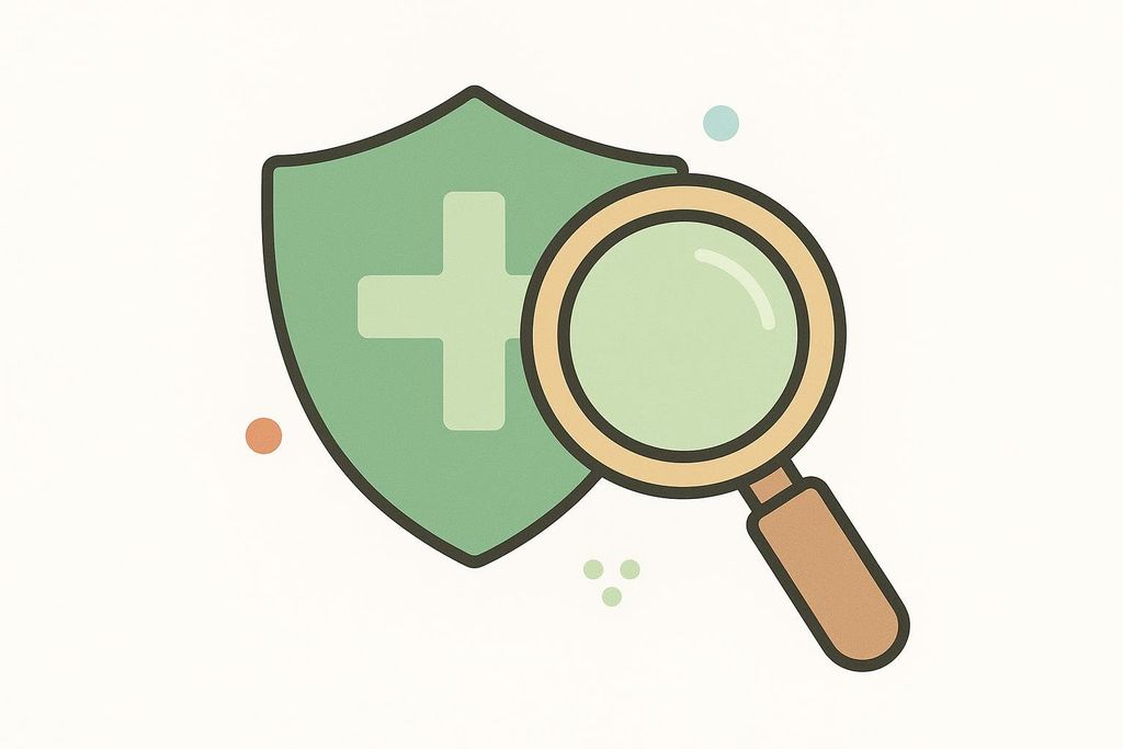 An abstract illustration depicting a magnifying glass inspecting a green shield with a light green plus sign on it, symbolizing security inspection or health review.