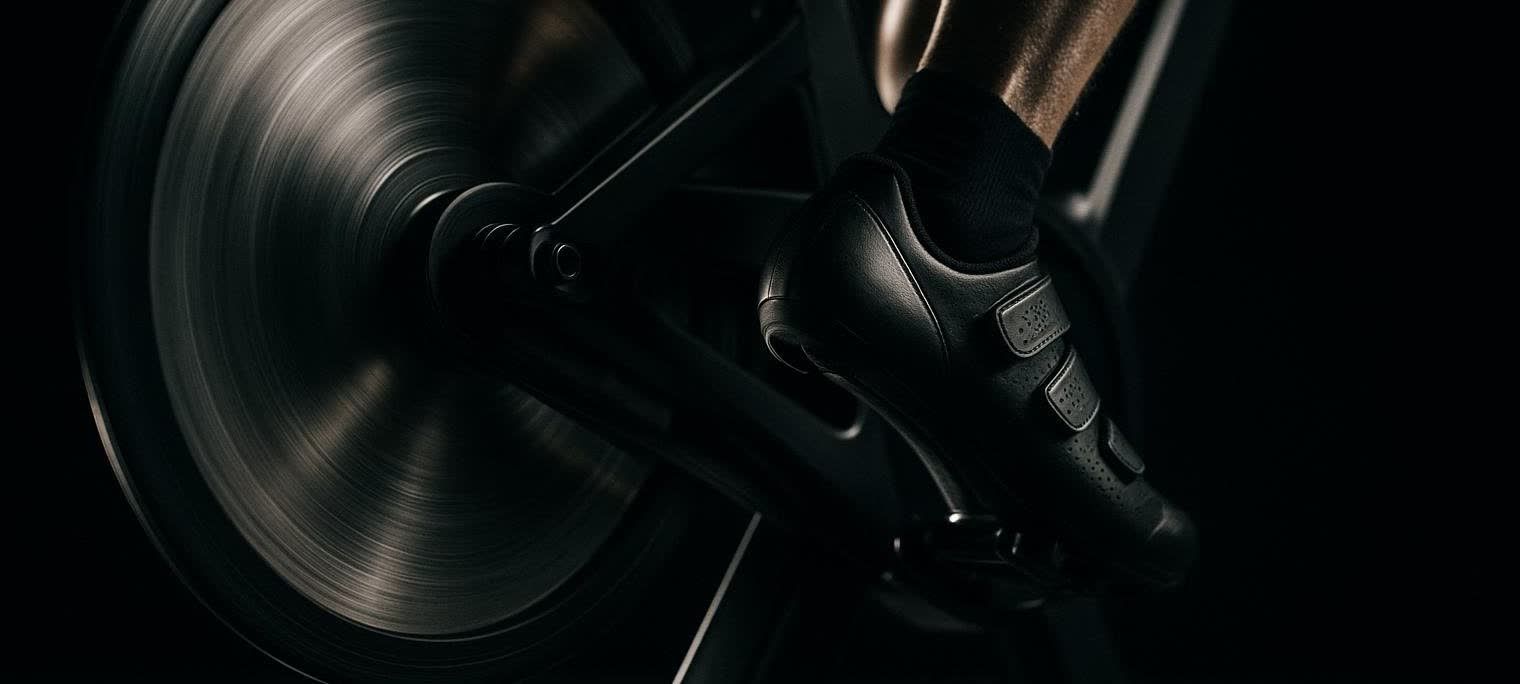 Close-up of a person's foot in a cycling shoe pedaling quickly on a stationary bike, showing the spinning flywheel with motion blur against a dark background.