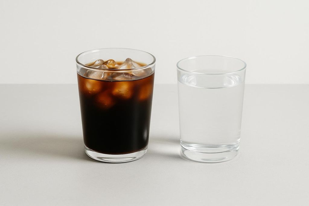 A glass of iced coffee stands next to a clear glass of water on a light grey surface, demonstrating that coffee can be consumed alongside water to maintain hydration.