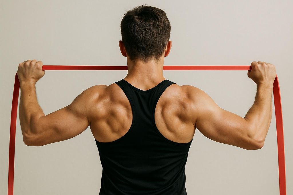 Rear view of a person performing resistance band pull-aparts for shoulder health.