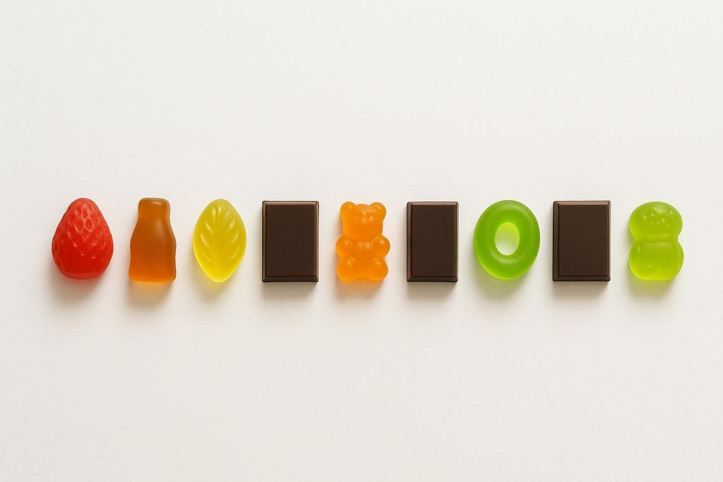 An organized row of various colorful gummies and chocolate squares