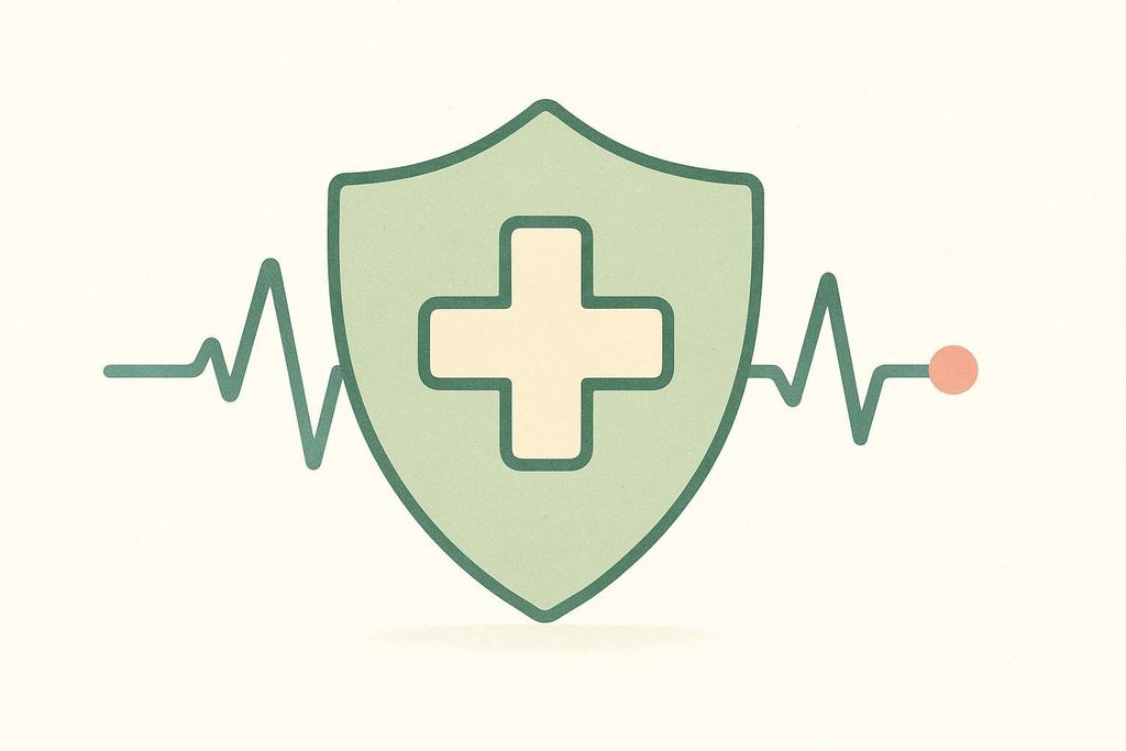 An abstract icon featuring a light green shield with a white medical cross in the center, flanked by a dark green pulse line on either side, all set against a light beige background. The pulse line extends horizontally and has a small orange-red circle at its right end.