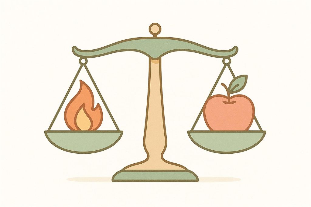 An illustration of a balance scale with a flame on one side and an apple on the other, both perfectly balanced. This symbolizes a healthy metabolism.