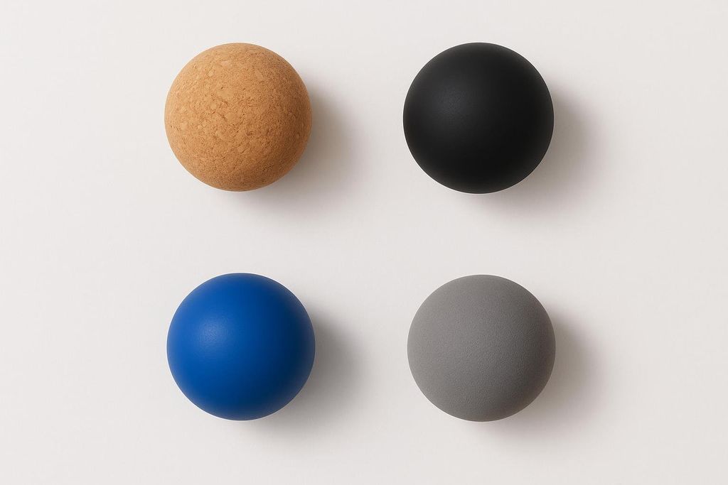 A flat lay photo of four massage balls made from different materials: cork, black rubber, blue silicone, and grey foam, arranged in a grid on a white background.