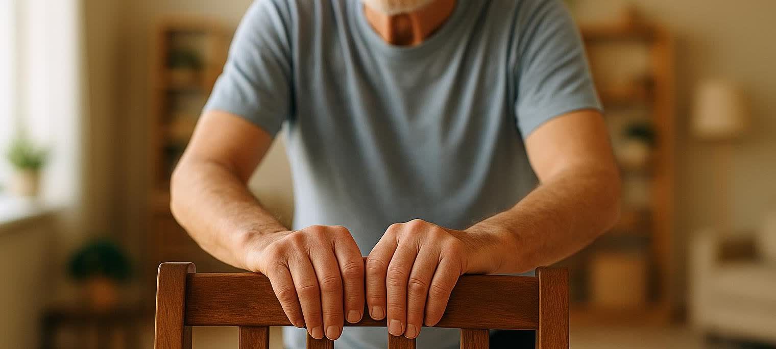 Close-up of an older man's hands resting firmly on the back of a wooden chair, providing support for safe exercises. He is wearing a light blue t-shirt.