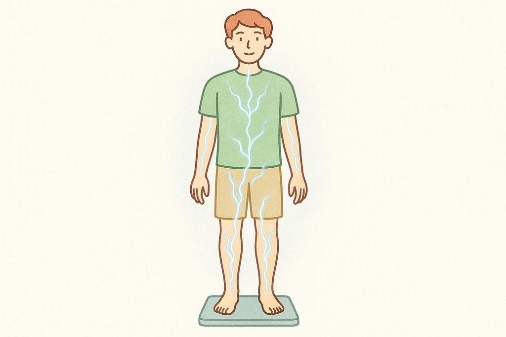 Illustration showing how an InBody scan works by sending a harmless electrical current through the body to measure composition.