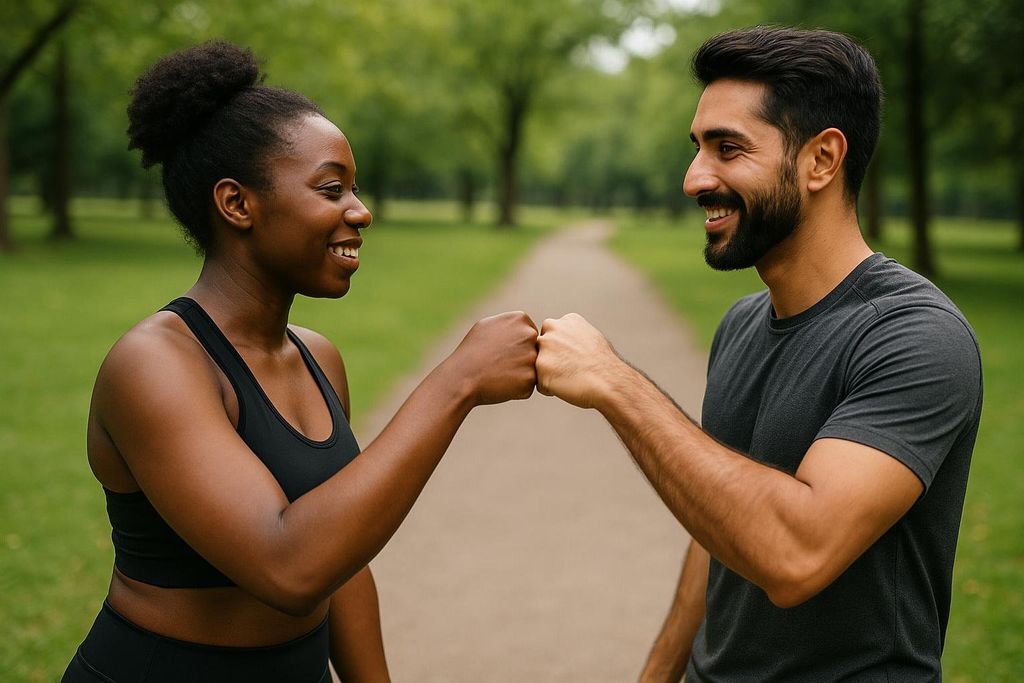 A black woman and a man with a beard and dark hair, both dressed in workout clothes, fist-bumping and smiling outdoors in a park setting as workout accountability partners.