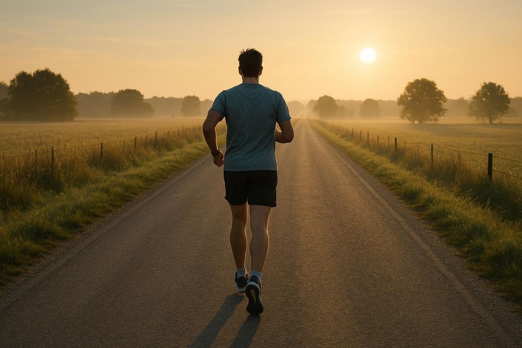 A man runs down a long, straight, empty road at sunrise. The sun is low on the horizon, casting a warm, golden light over the misty fields on either side of the road with trees in the distance. This image could represent the long run component of half-marathon training.