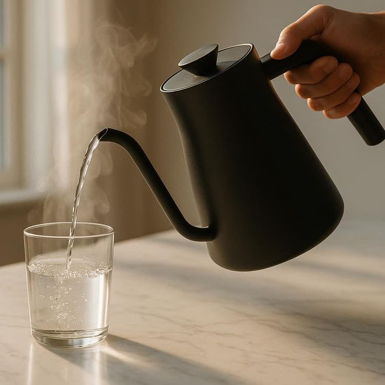 A hand holds a sleek, matte black kettle with a long gooseneck spout, pouring steaming hot water into a clear glass on a light-colored marble countertop.