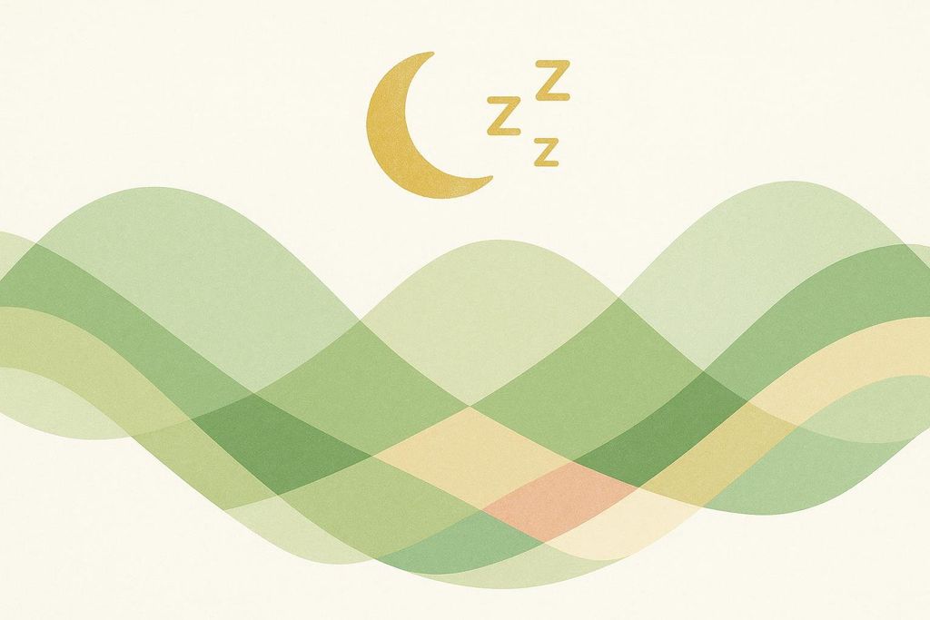 An abstract illustration featuring green waves in varying shades, resembling rolling hills or continuous calm, with a golden crescent moon and three 'Z' letters above it, symbolizing sleep.