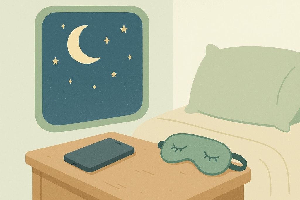 An illustration of a calm bedroom at night with a crescent moon and stars visible through the window. On a bedside table, there's a smartphone and a green sleep mask, next to a bed with a light green pillow, suggesting a peaceful environment for sleep.