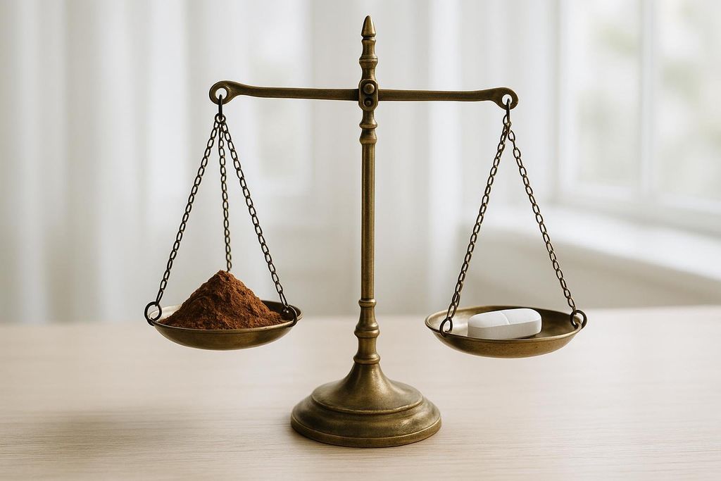 A vintage brass balance scale shows a pile of brown powder on one pan and a white pill on the other, symbolizing a comparison between natural and synthetic remedies or supplements.