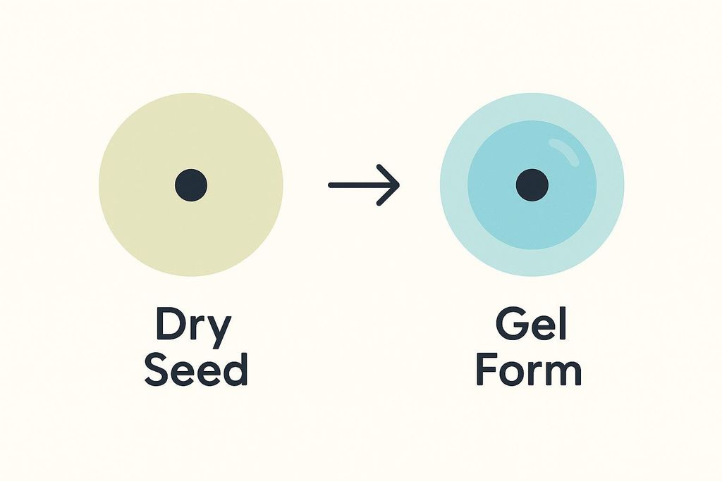 A simple diagram illustrating a dry seed transforming into a gel form. On the left, a light yellow circle with a dark dot in the center is labeled 'Dry Seed'. An arrow points to the right where a light blue circle with a dark dot and a lighter blue outer layer, representing a gel, is labeled 'Gel Form'.