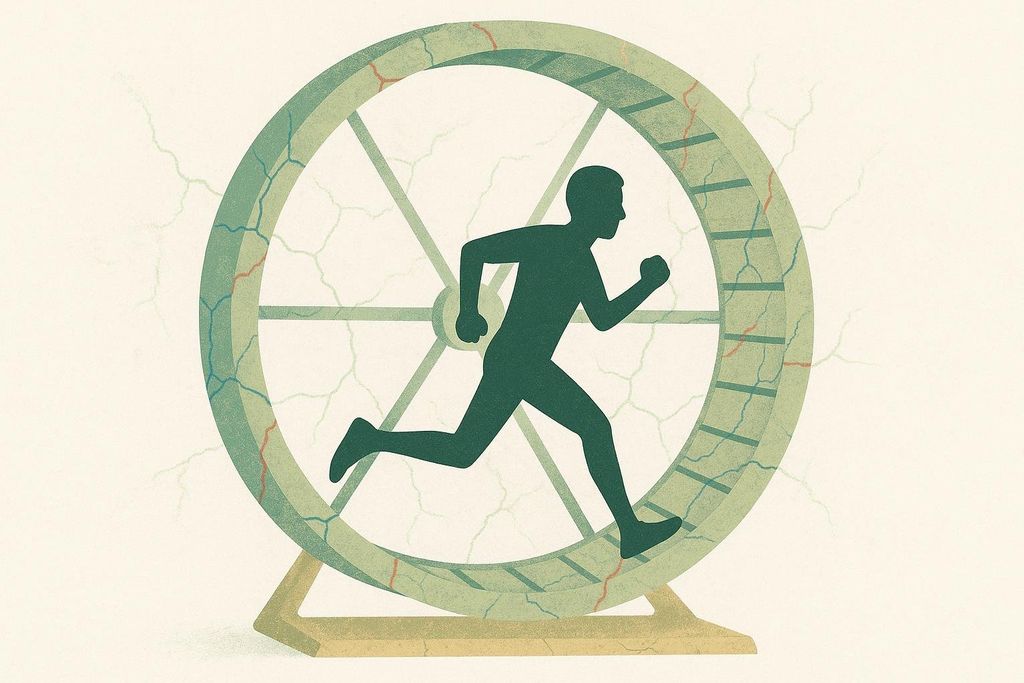 Illustration conveying repetitive physical strain through a figure running in a wheel.