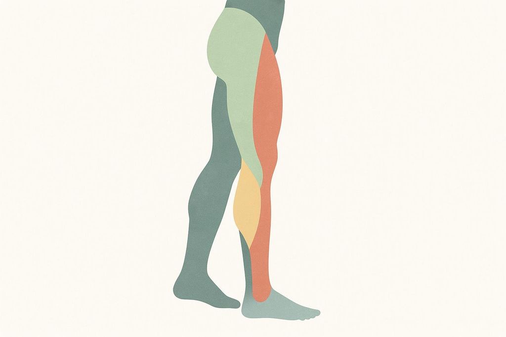 Simplified anatomical illustration visually highlighting key leg muscle group areas (quadriceps, hamstrings, calves) using distinct colors without labels.