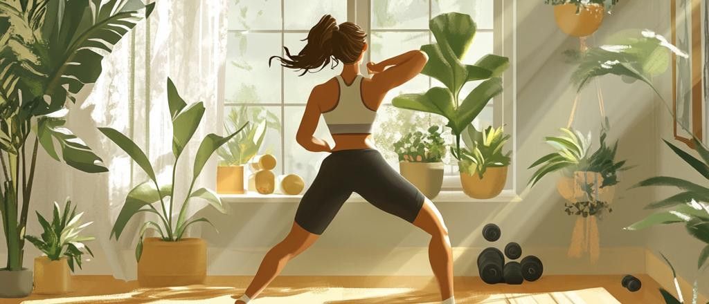 A woman in a sports bra and shorts performs an exercise in her sunlit living room, surrounded by houseplants.