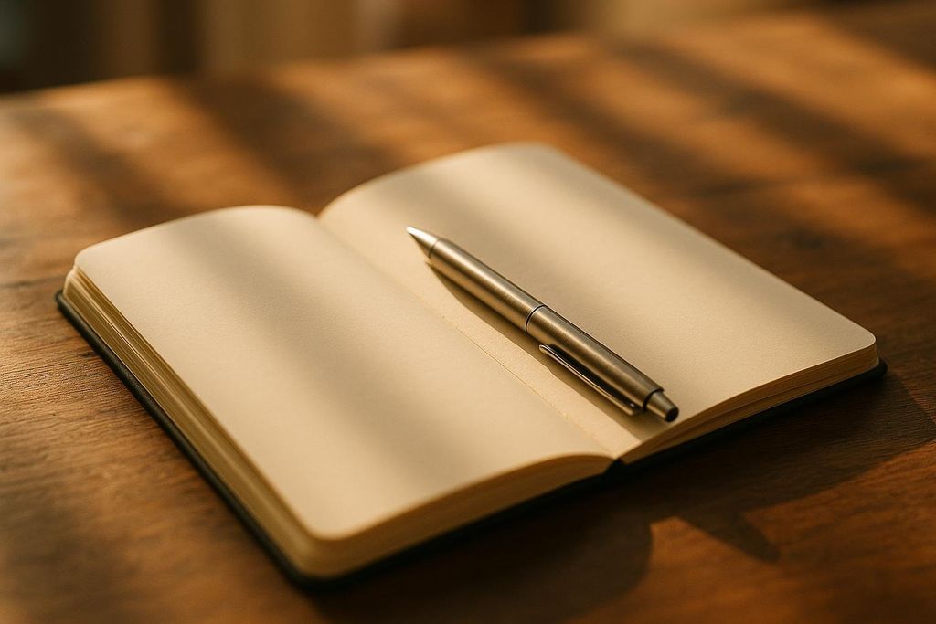 A blank notebook with a silver pen resting on its open pages, illuminated by soft sunlight. The notebook and pen are on a warm, wooden table.