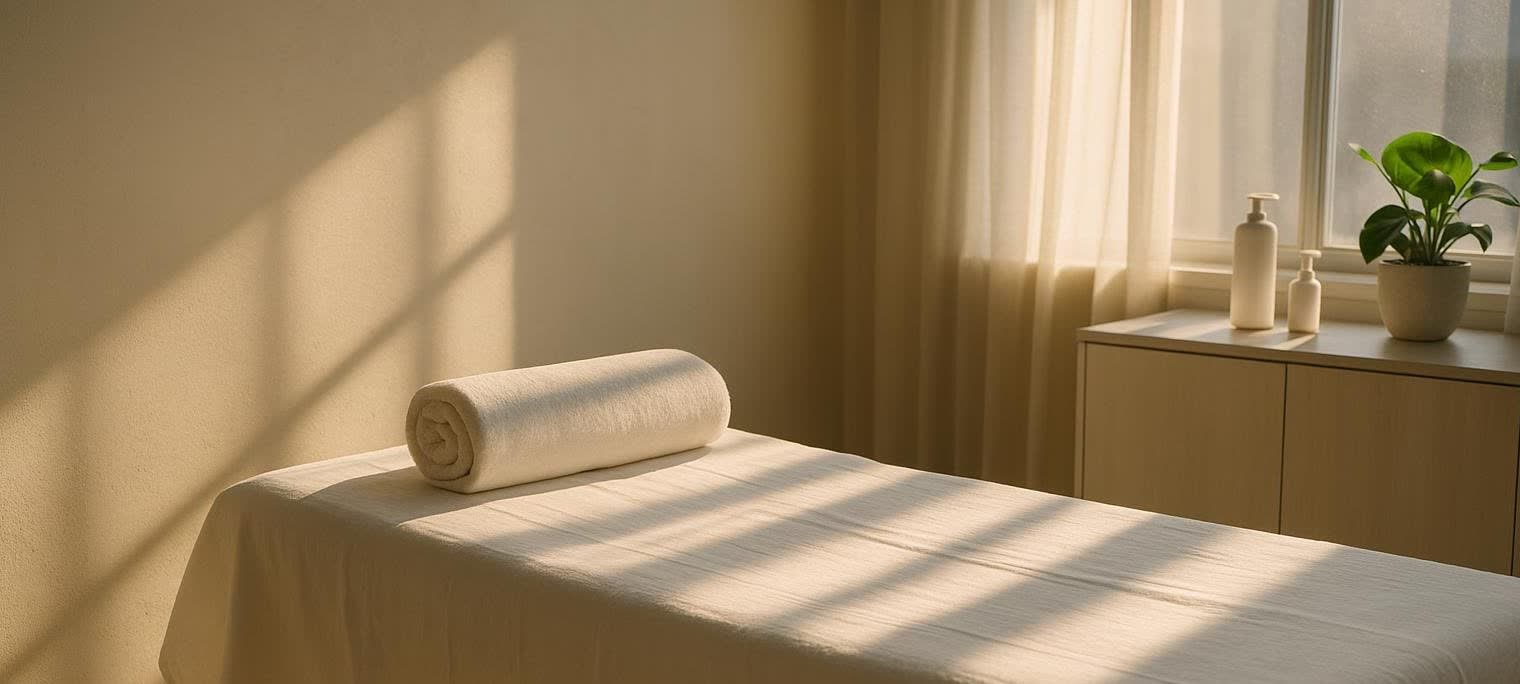 A serene and clean massage or treatment room with a bed covered in a white sheet and a rolled white towel. Sunlight streams through a window on the right, illuminating a small plant and two lotion bottles on a wooden cabinet.