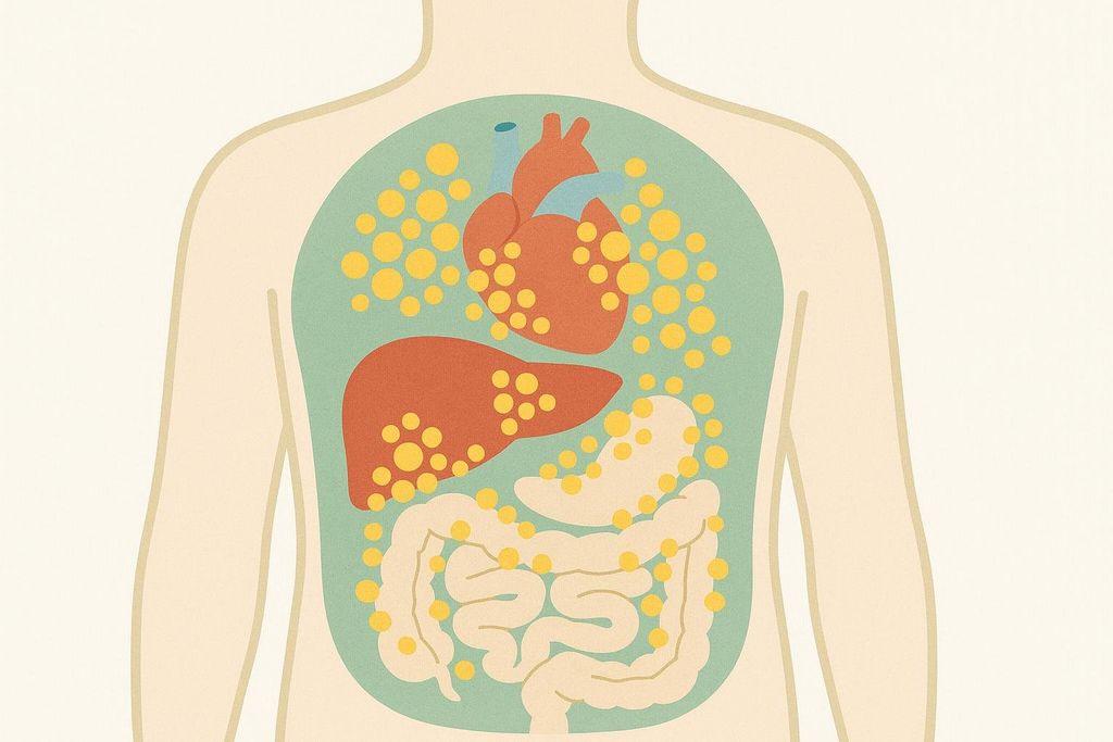 Abstract illustration showing the outline of a human torso and internal organs like the heart, liver, stomach, and intestines with yellow dots representing visceral fat surrounding them.