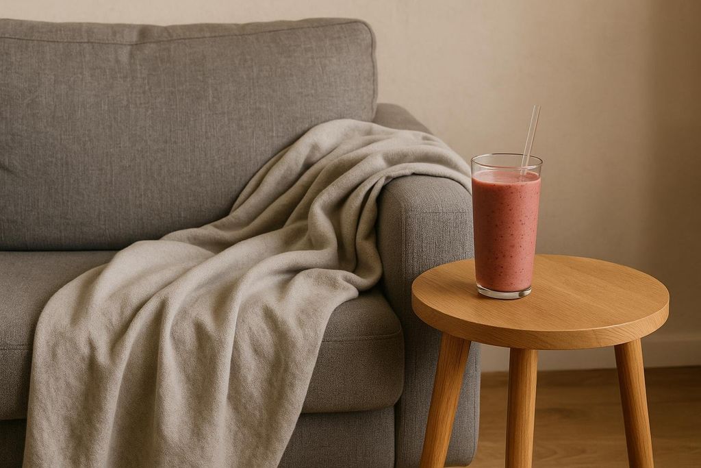 A tall glass of red berry smoothie with a straw sits on a round wooden side table. Next to the table is a grey sofa with a light beige blanket draped over it, suggesting comfort and relaxation.