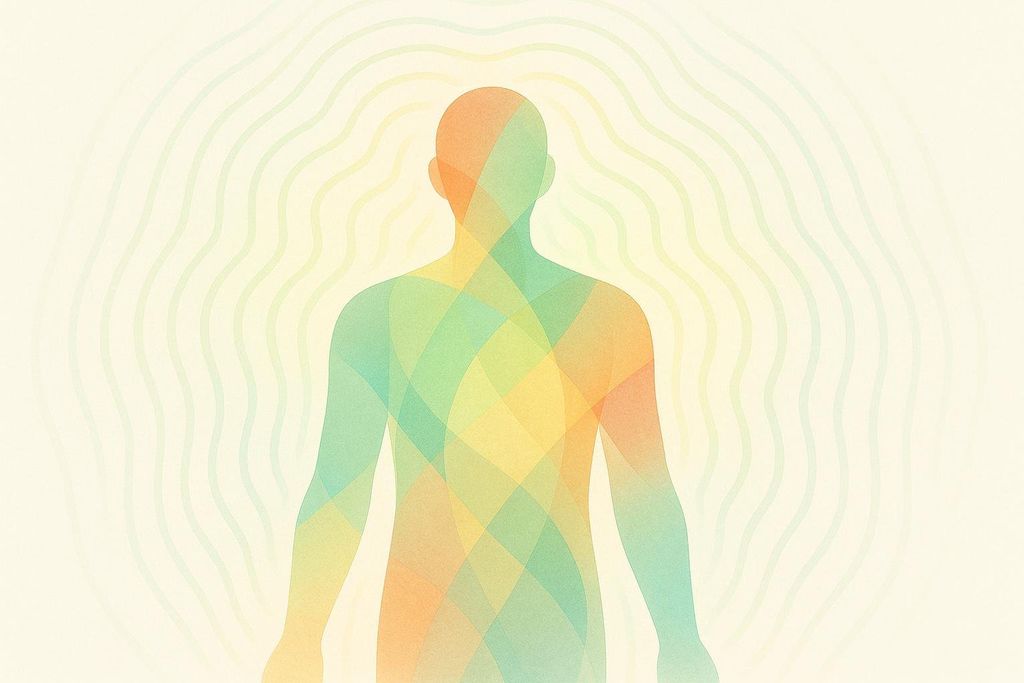An illustration of a human silhouette filled with overlapping yellow, green, and orange shapes, with subtle radiating wavy lines extending outward from the body against a light yellow background, symbolizing energy or aura.