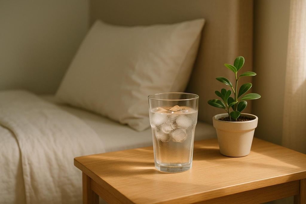 Glass of water on a bedside table in a peaceful bedroom
