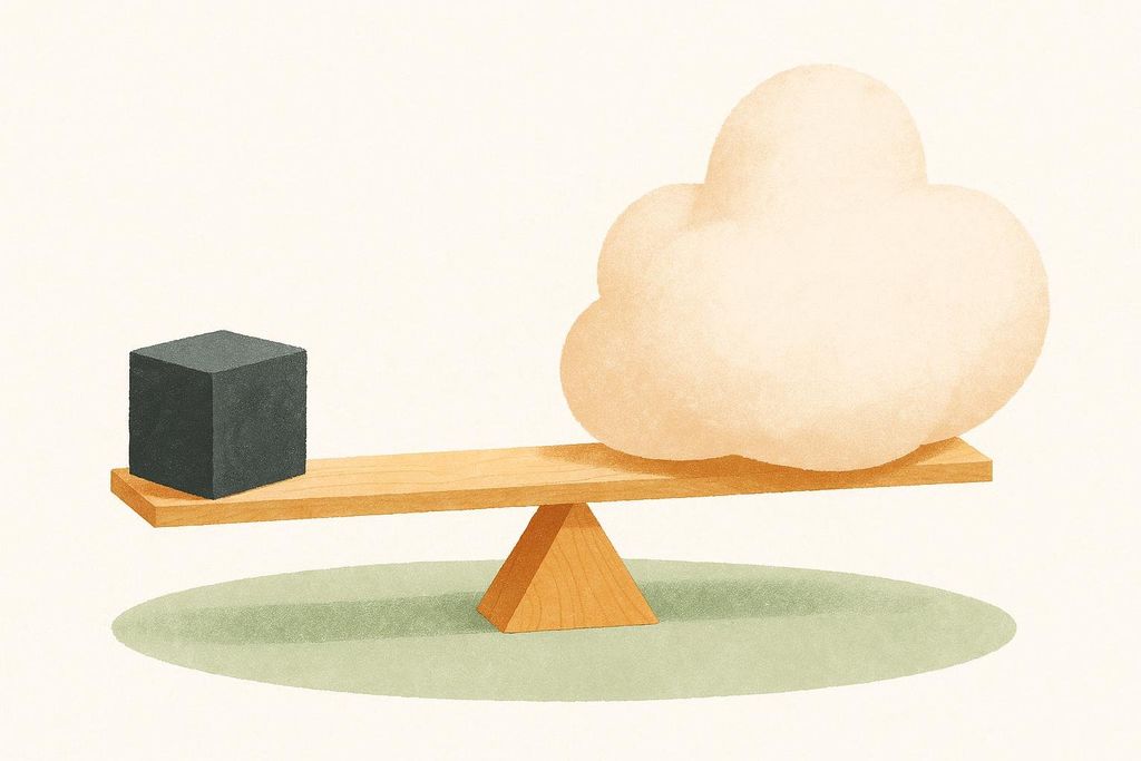 Conceptual illustration balancing a small dense block and a large airy shape on a perfect seesaw.