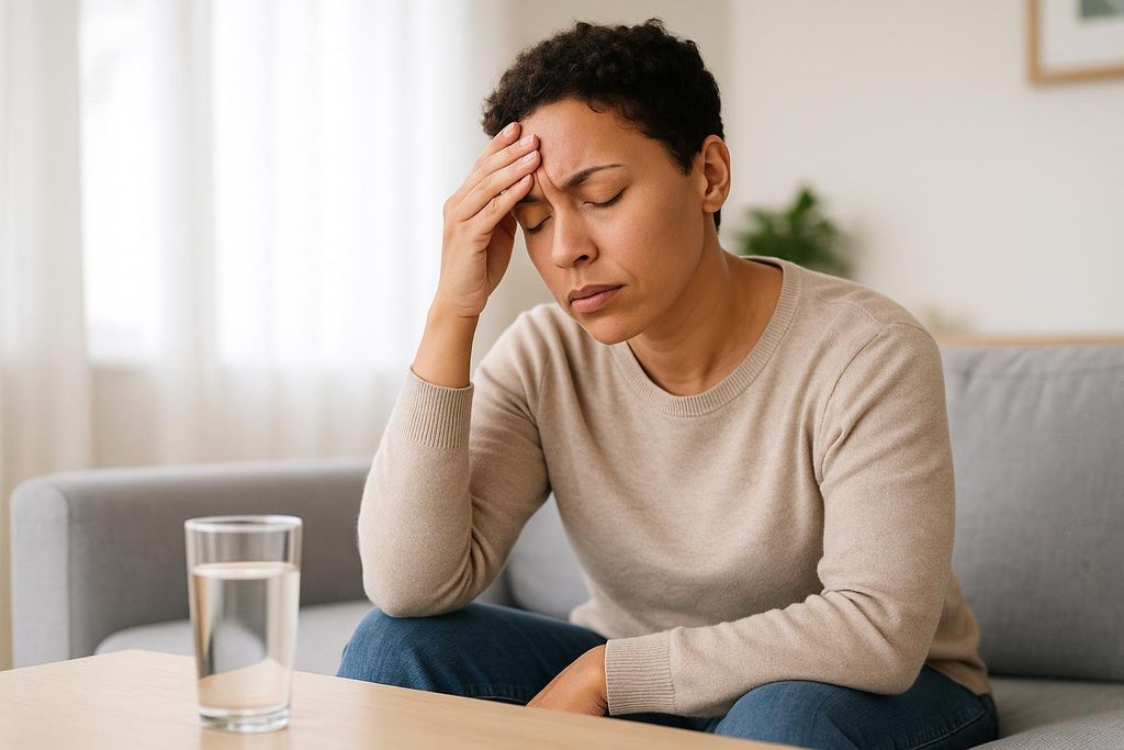 A woman with short, dark curly hair sits on a gray sofa, holding her hand to her forehead with her eyes closed, looking distressed or in pain. A glass of water is on a coffee table in front of her.