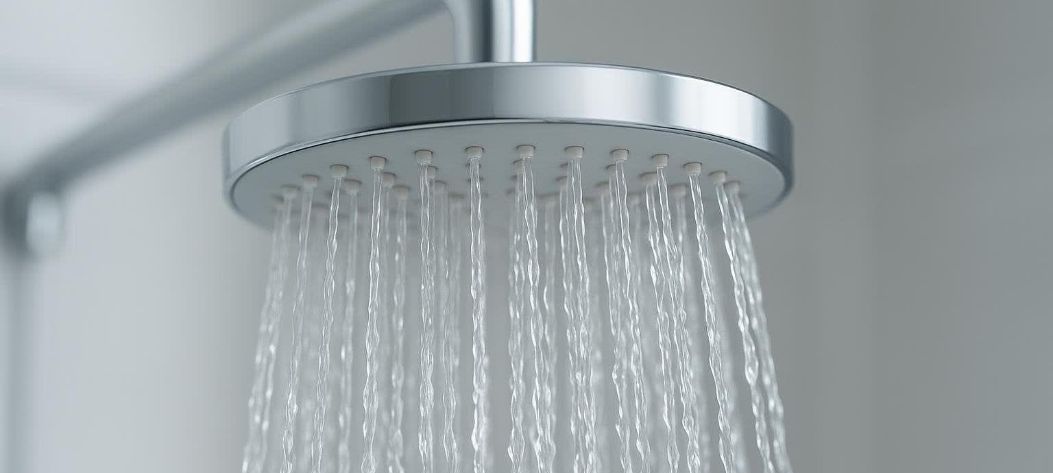 Close-up view of a modern showerhead with water flowing downwards.