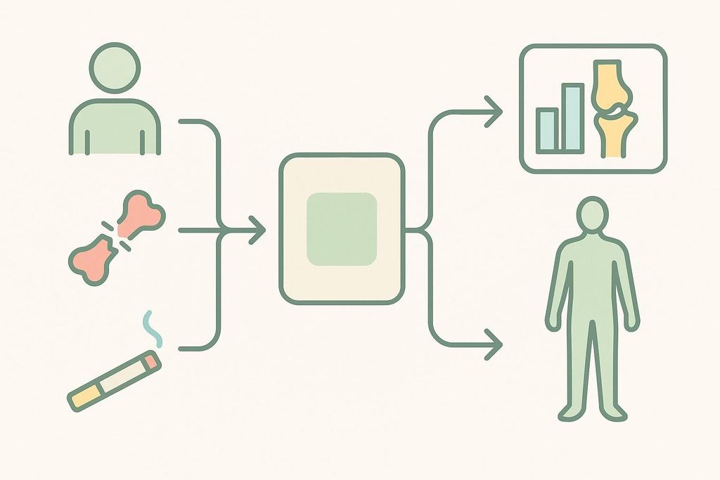 Flowchart showing icons representing risk factors like a person, a broken bone, and a lit cigarette flowing into a processing box. The box outputs to icons representing fracture risk for hip and major fractures, along with a human figure, suggesting an assessment for an individual.